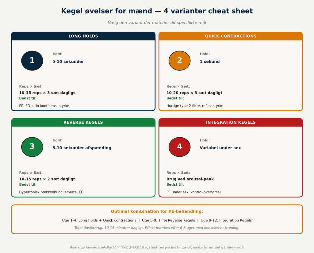 Kegel øvelser mænd -  4 varianter - cheatsheet