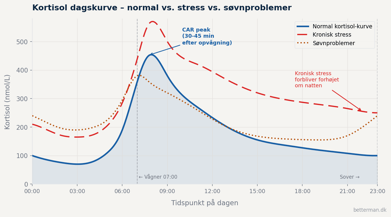 Graf over kortisol dagskurve – normal rytme sammenlignet med kronisk stress og søvnproblemer over 24 timer