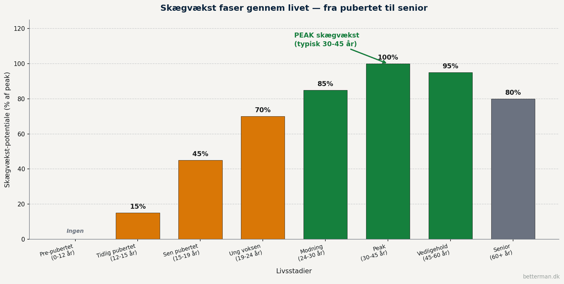 Bar-graf der viser skægvækst-potentiale gennem 8 livsstadier fra pre-pubertet 0 procent til peak ved 30-45 år med 100 procent og senior ved 60+ med 80 procent